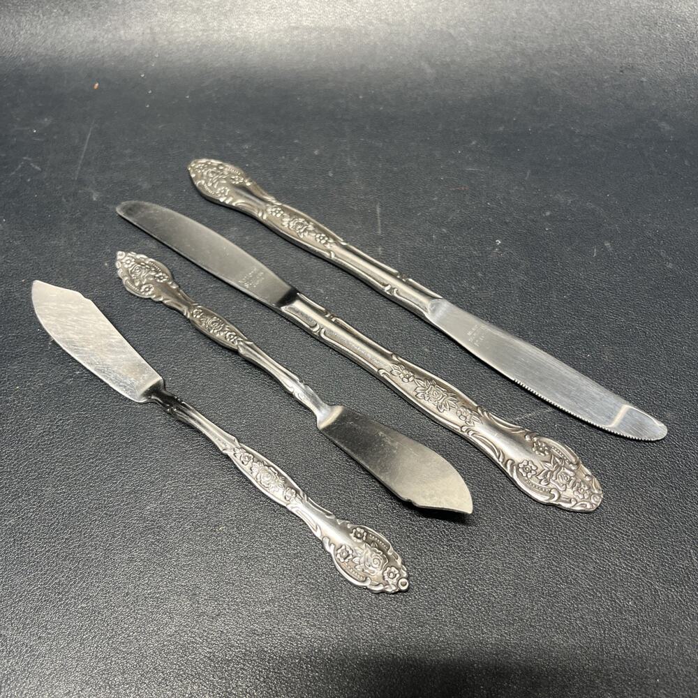 Vtg National Stainless Dinner Knives & Butter KnivesRose Flower Made In Japan. N